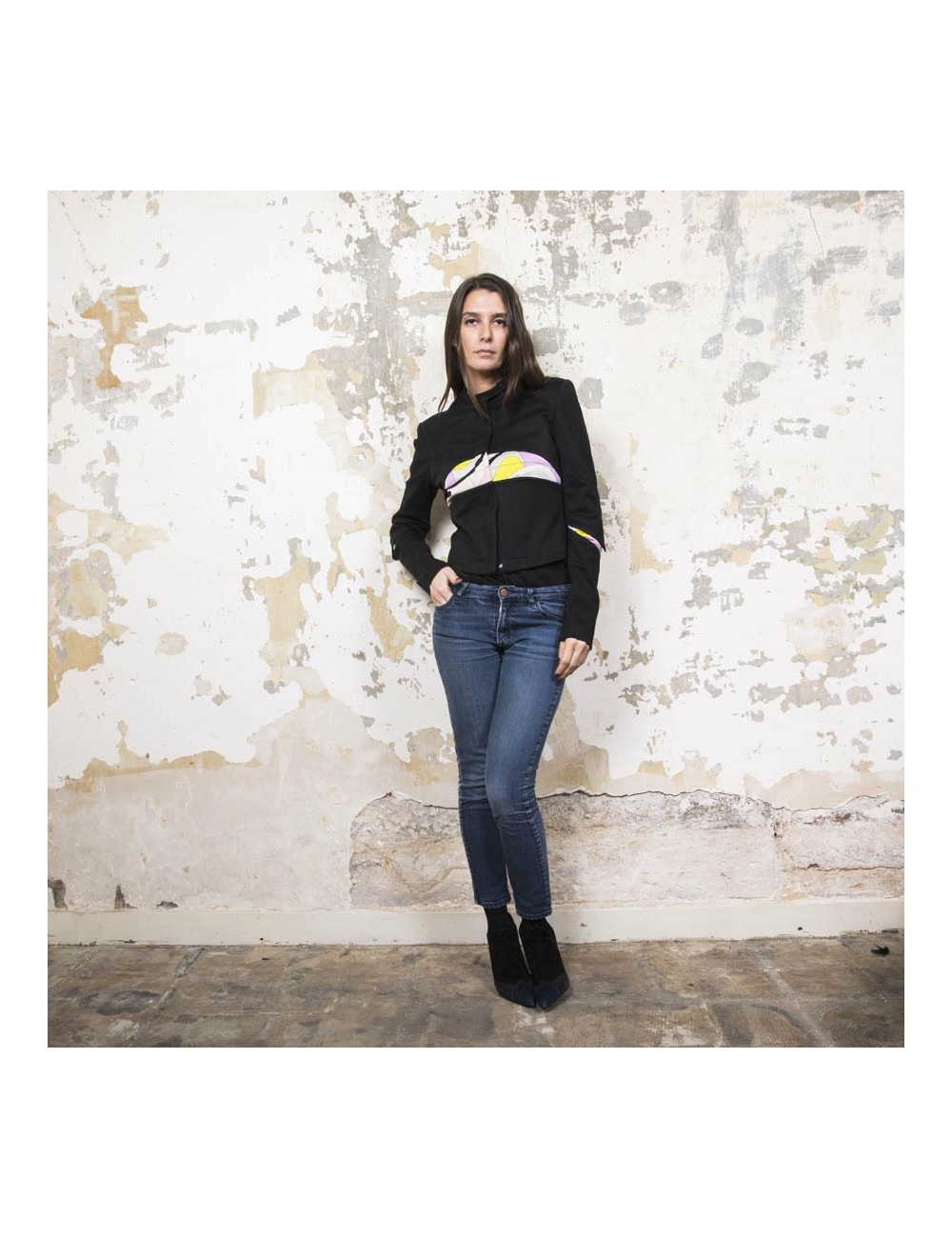 EMILIO PUCCI jacket in black jersey with printed patterns T38