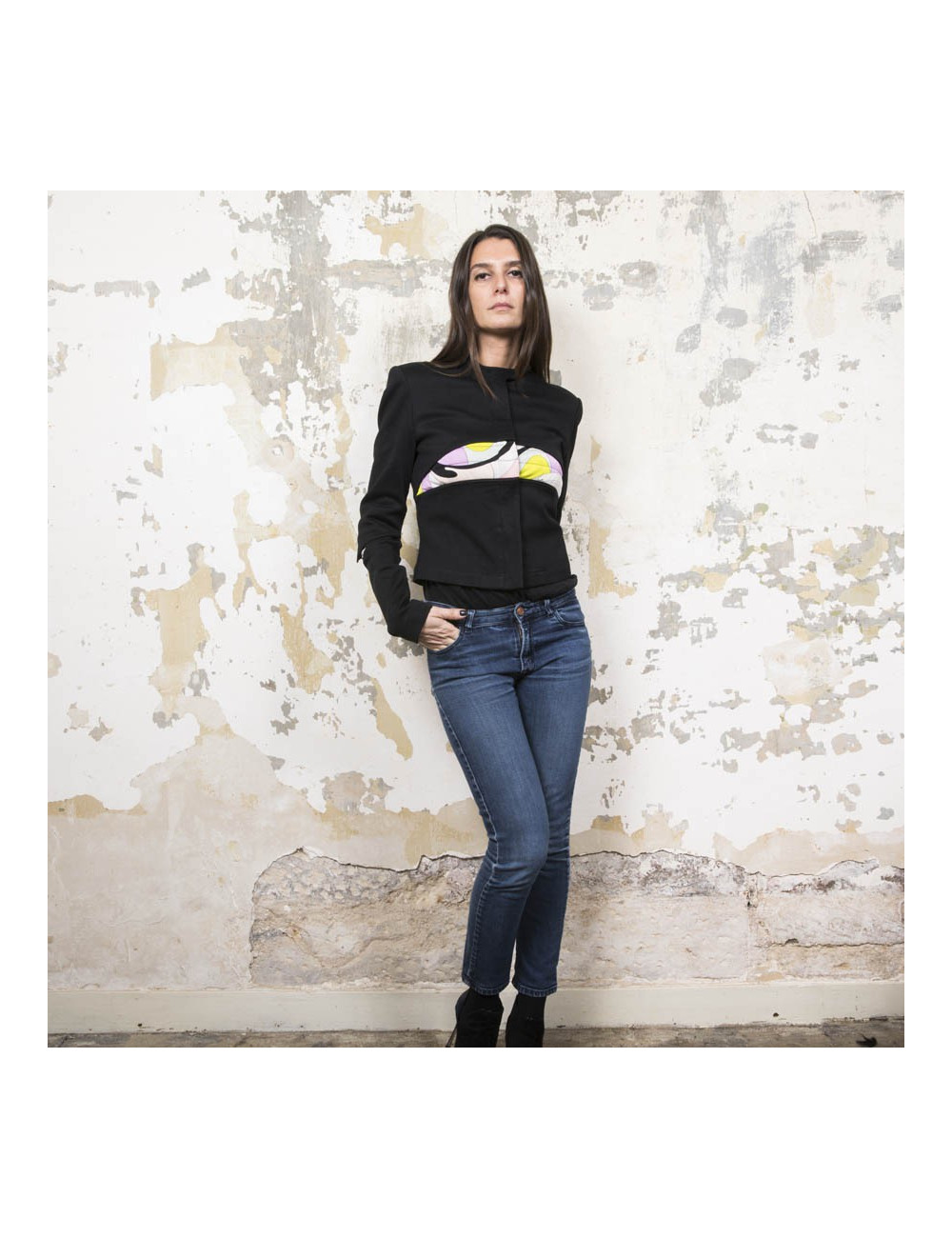 EMILIO PUCCI jacket in black jersey with printed patterns T38