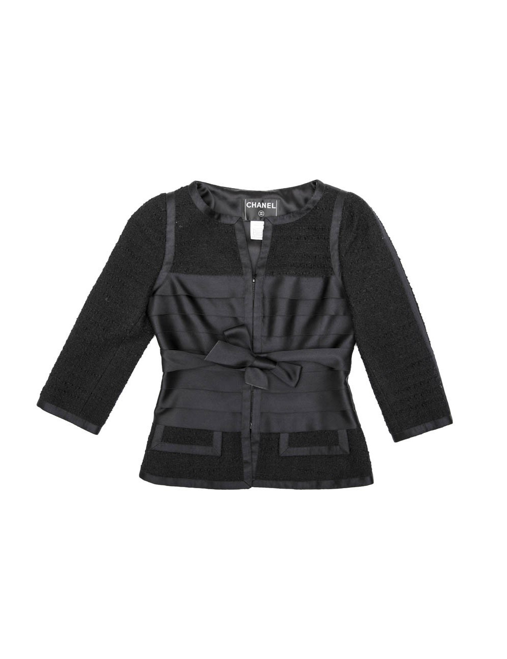 Veste T 34 CHANEL en tweed noir et rubans en soie
