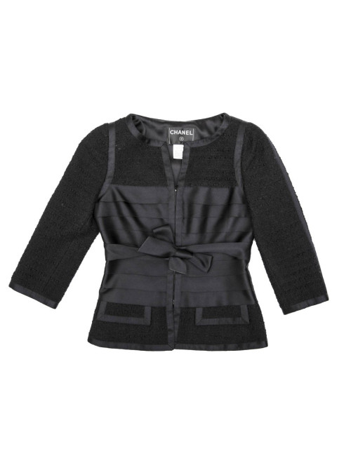 Veste T 34 CHANEL en tweed noir et rubans en soie