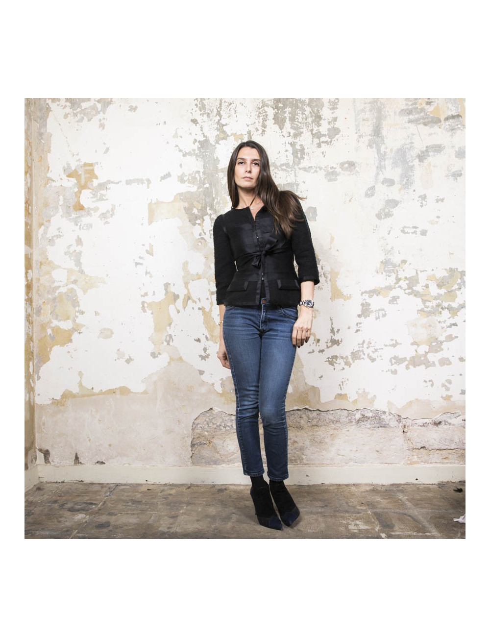 Veste T 34 CHANEL en tweed noir et rubans en soie