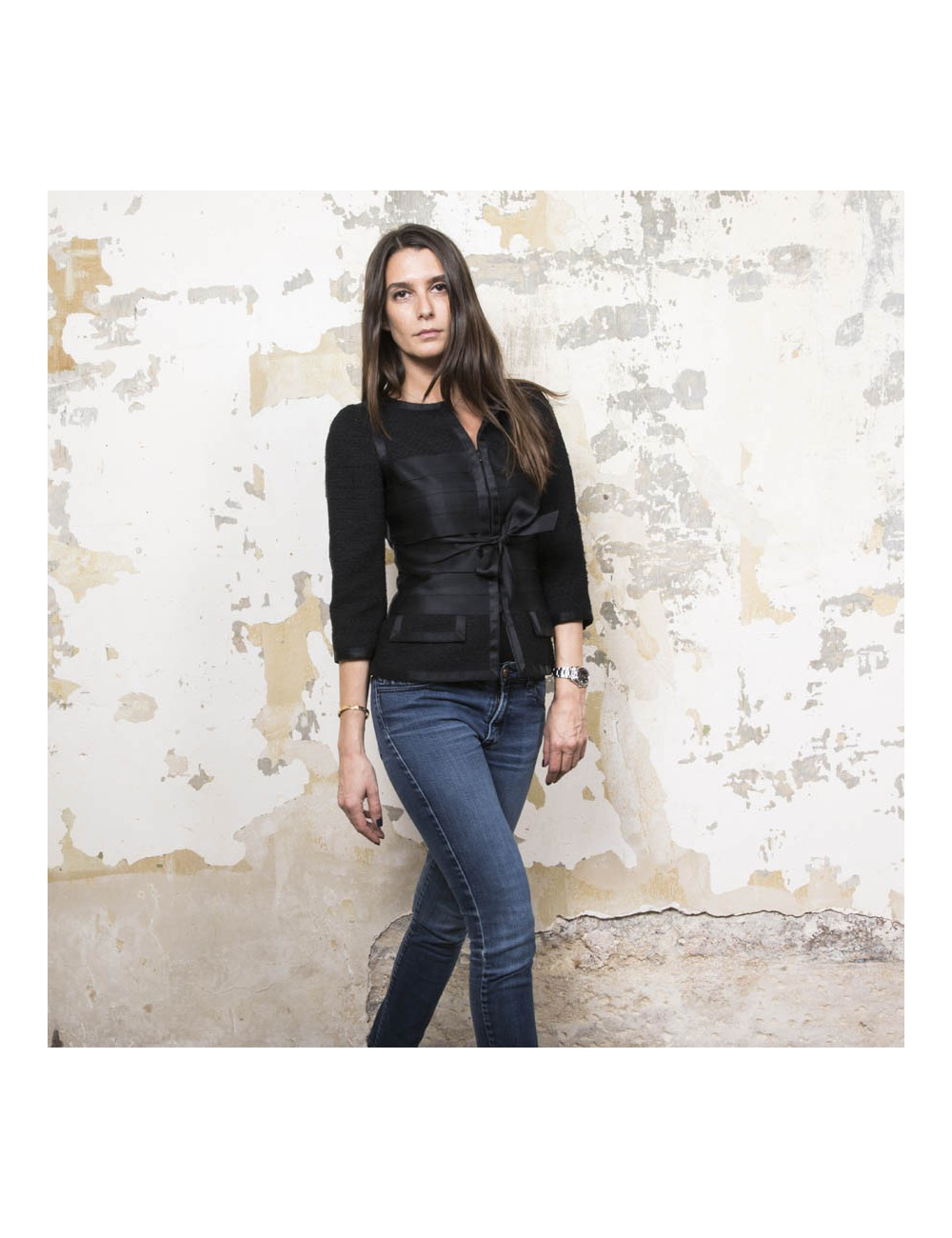 CHANEL jacket size 34EU in black tweed and silk ribbons