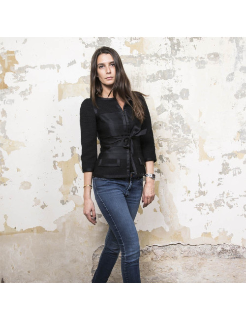 CHANEL jacket size 34EU in black tweed and silk ribbons