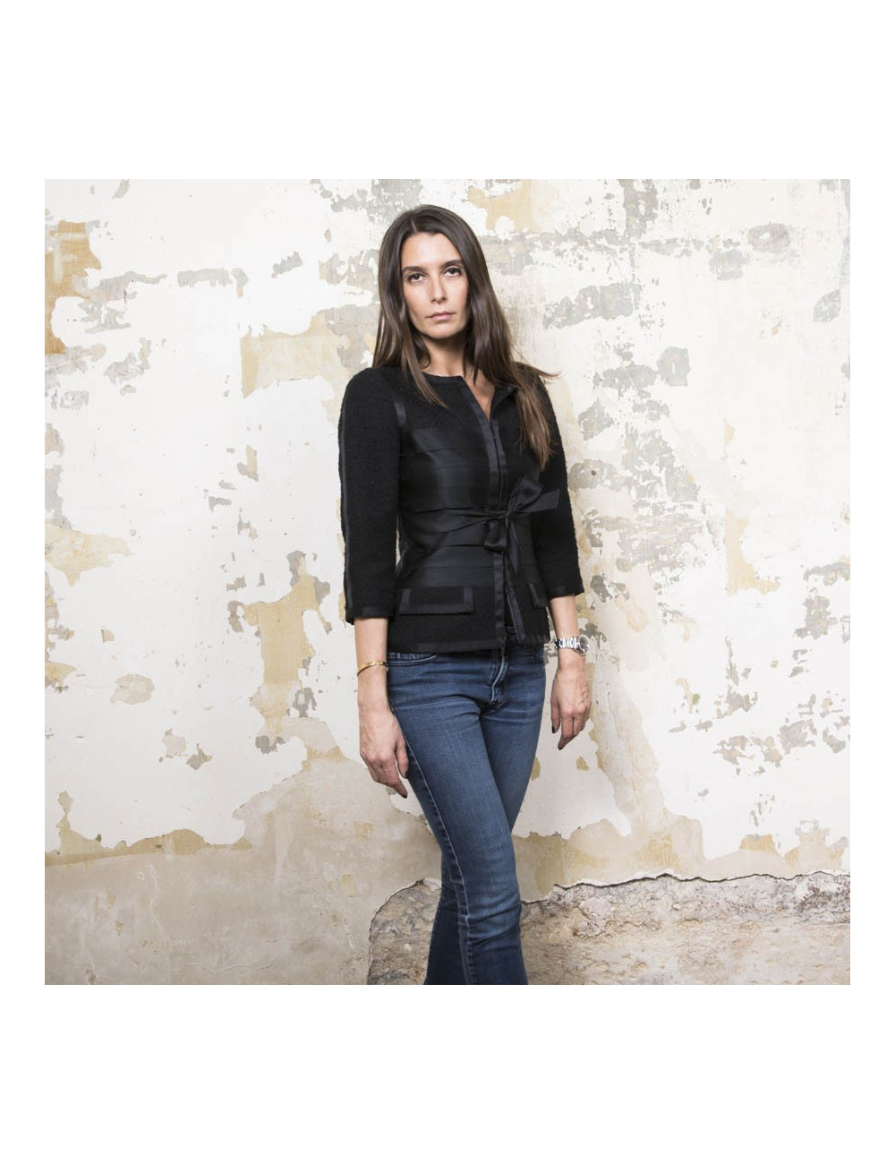 CHANEL jacket size 34EU in black tweed and silk ribbons