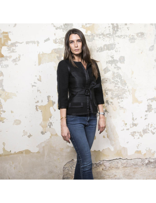 CHANEL jacket size 34EU in black tweed and silk ribbons