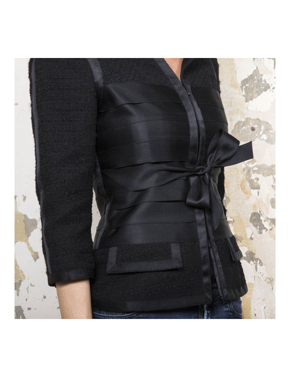 CHANEL jacket size 34EU in black tweed and silk ribbons