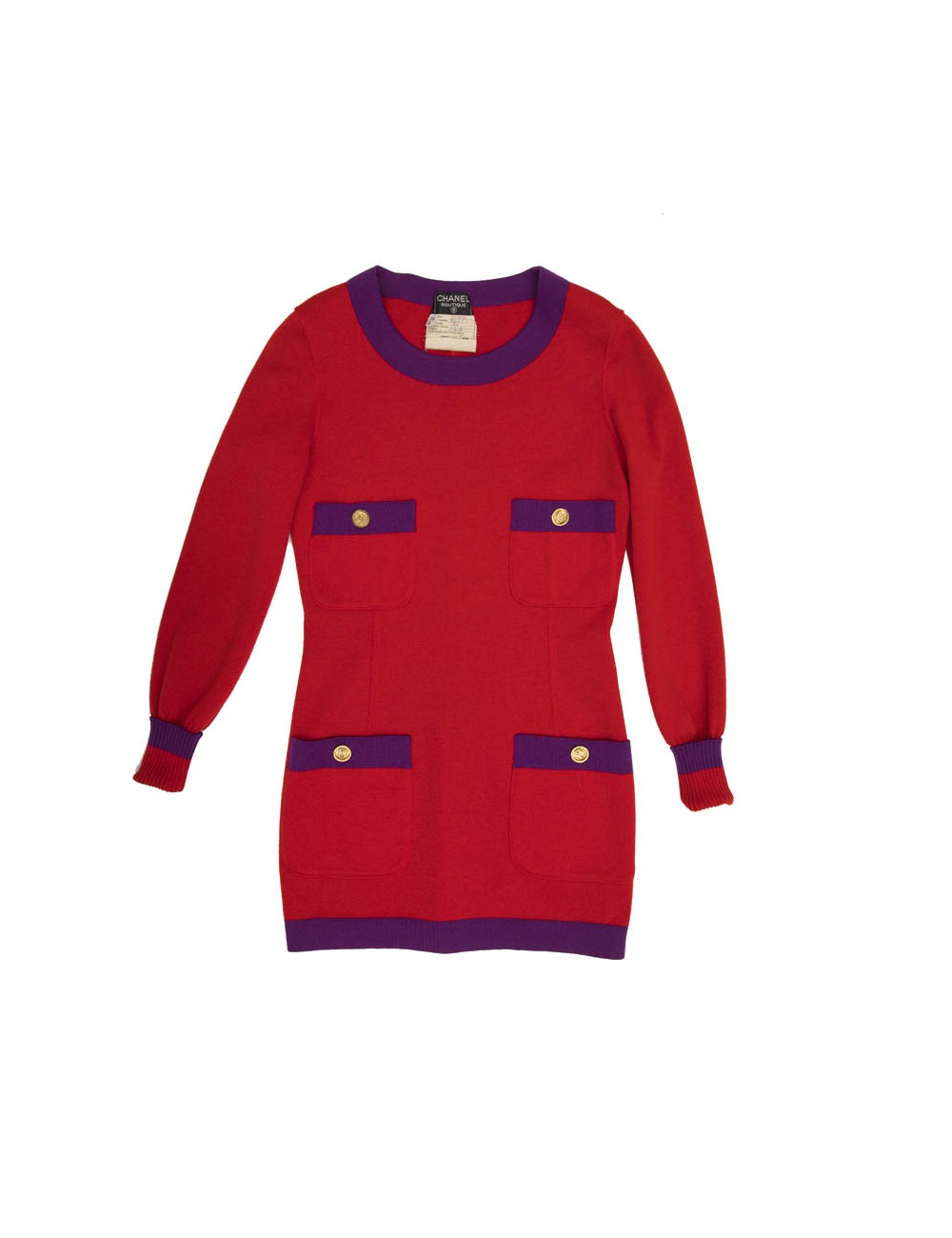 Ensemble CHANEL T 38 pull et jupe en laine rouge avec bordures violettes