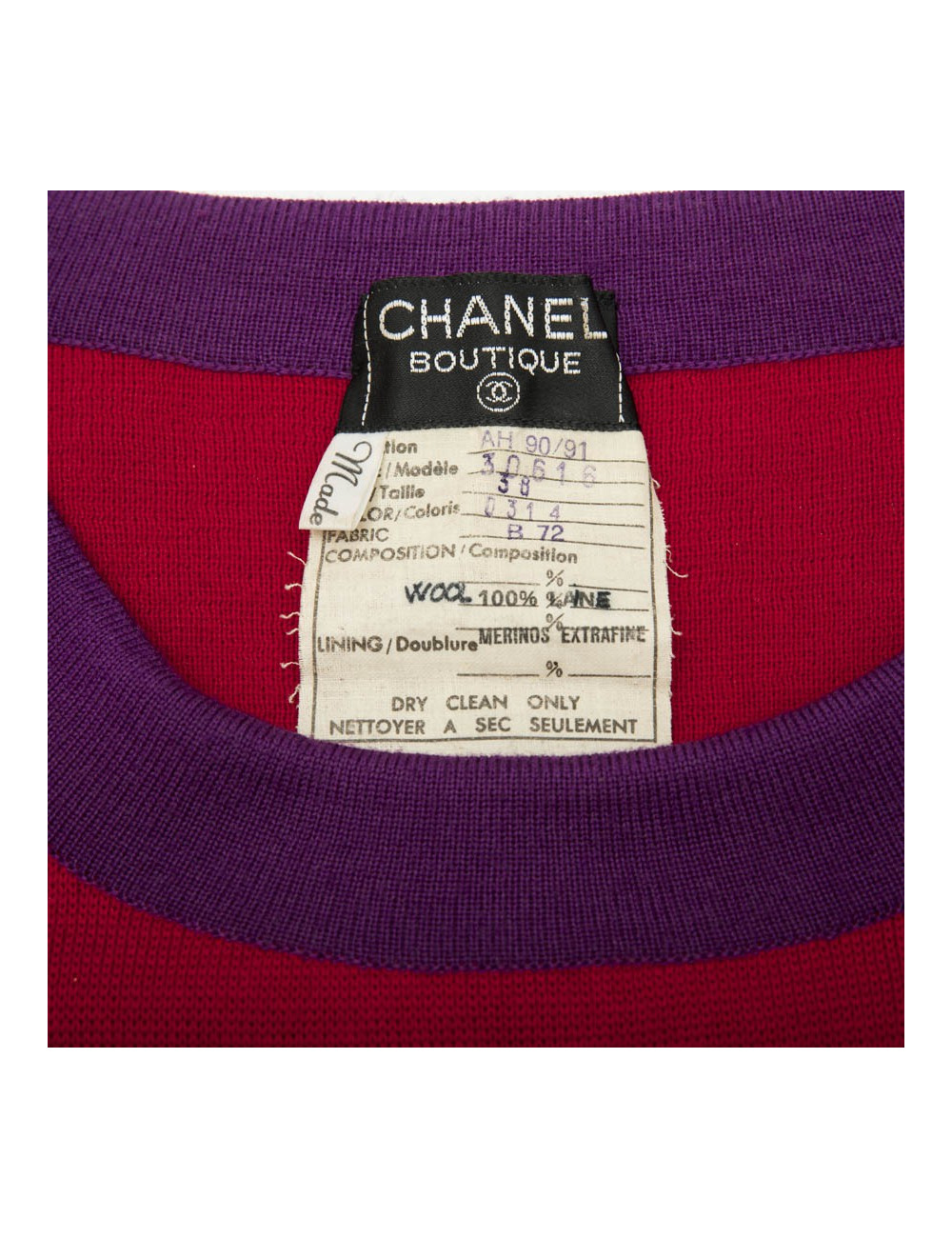 Ensemble CHANEL T 38 pull et jupe en laine rouge avec bordures violettes