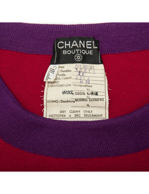 Ensemble CHANEL T 38 pull et jupe en laine rouge avec bordures violettes