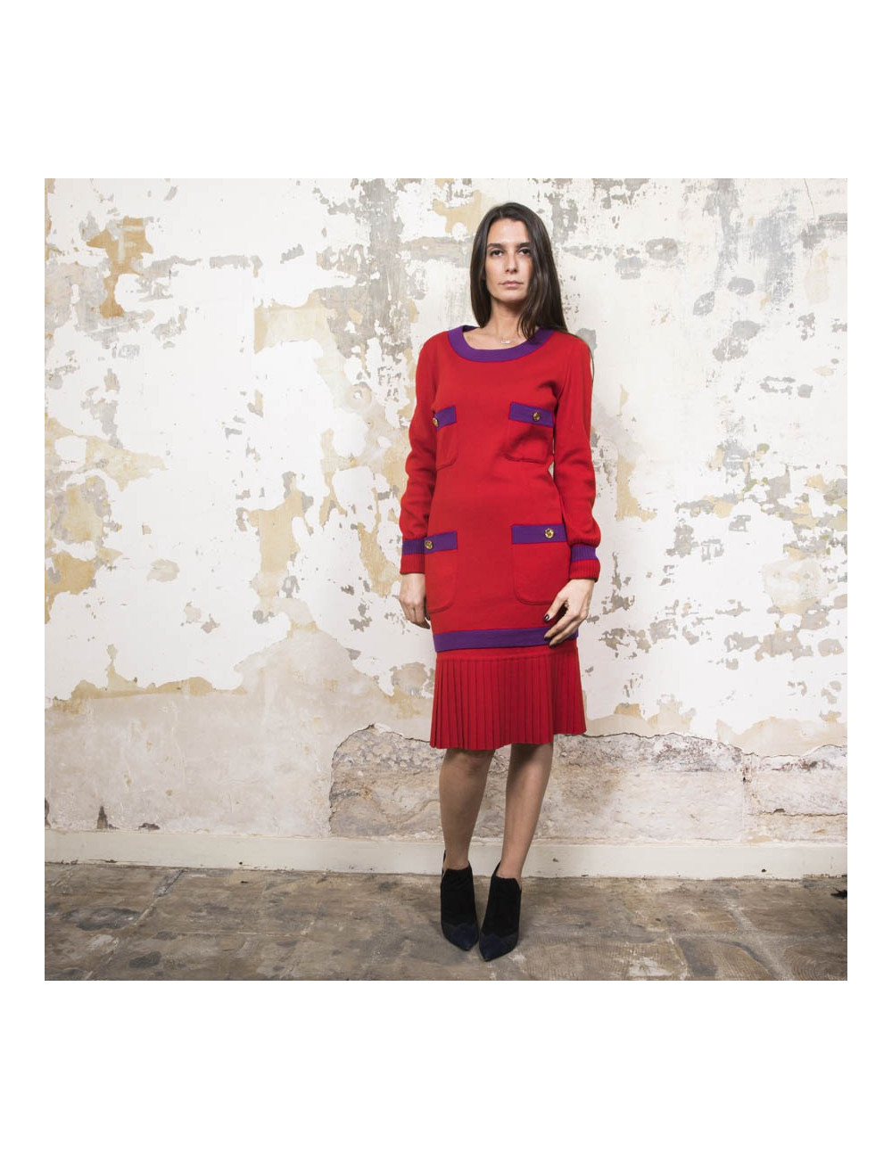 CHANEL T 38 set sweater and skirt in red wool with purple borders