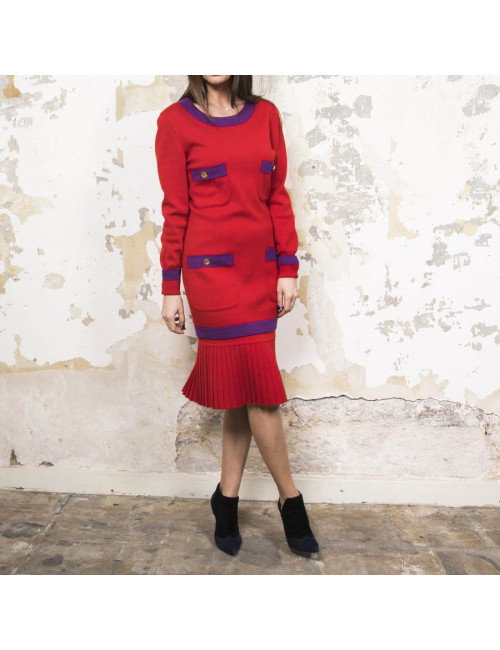 CHANEL T 38 set sweater and skirt in red wool with purple borders