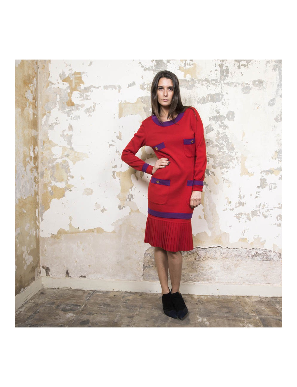 Ensemble CHANEL T 38 pull et jupe en laine rouge avec bordures violettes