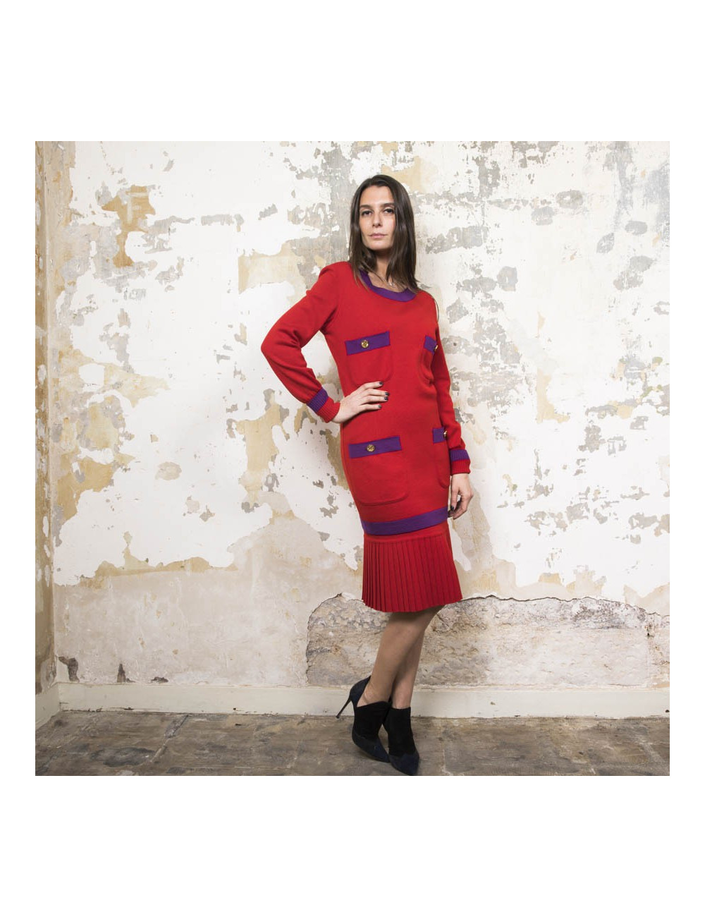 Ensemble CHANEL T 38 pull et jupe en laine rouge avec bordures violettes