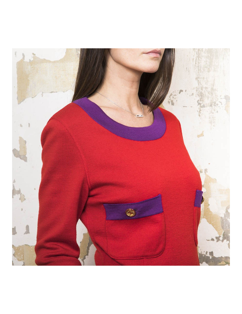 CHANEL T 38 set sweater and skirt in red wool with purple borders