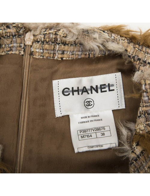 Robe CHANEL tweed et fausse fourrure T38