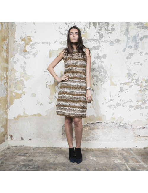 Robe CHANEL tweed et fausse fourrure T38