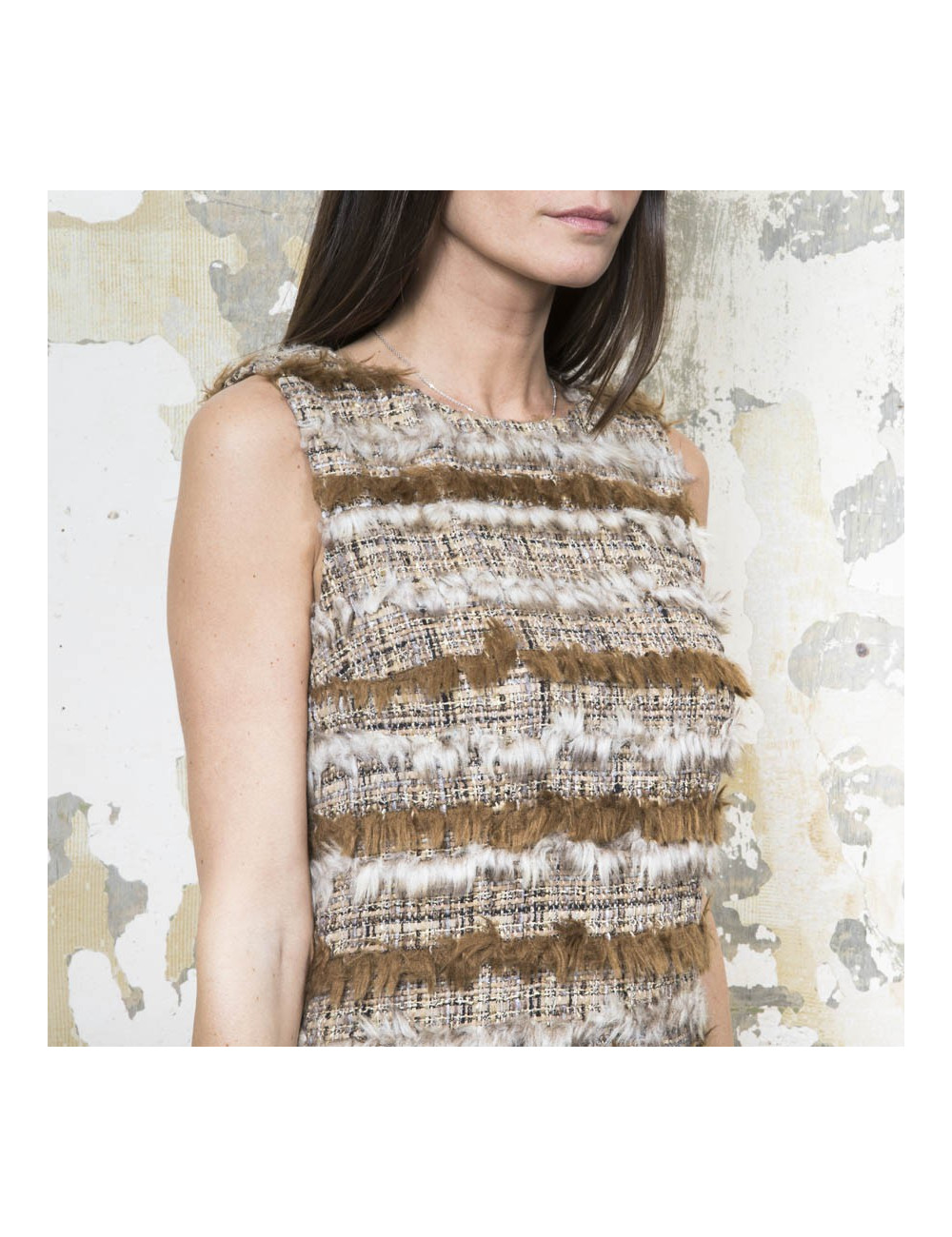 Robe CHANEL tweed et fausse fourrure T38