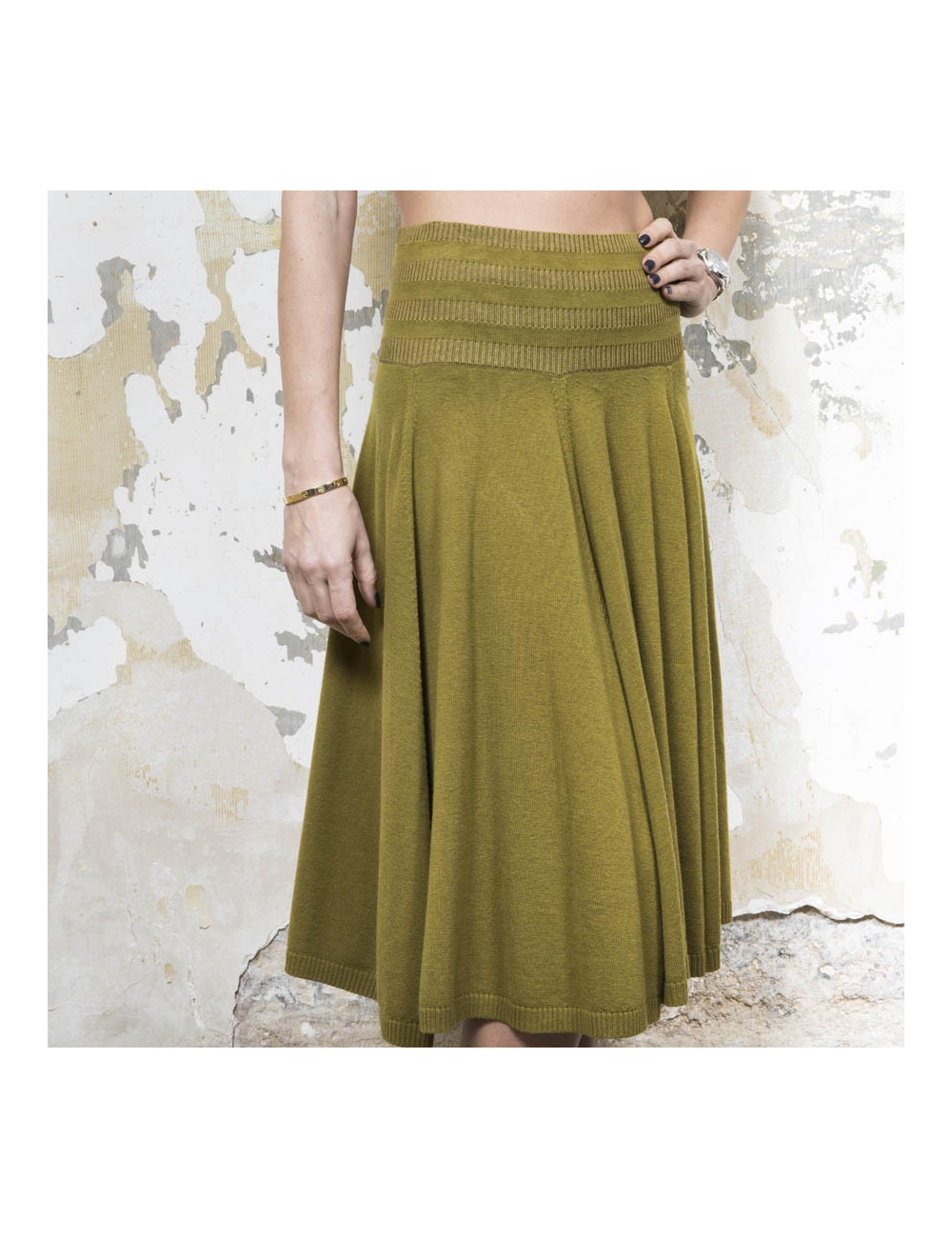  KENZO flared skirt in green khaki wool, silk and cashmere size S