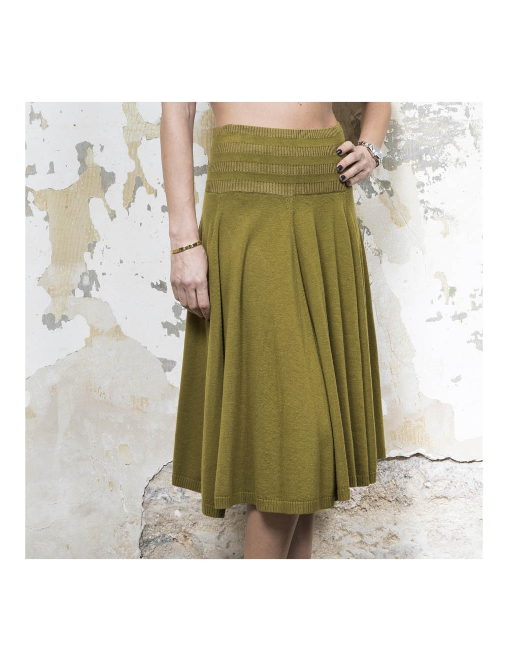  KENZO flared skirt in green khaki wool, silk and cashmere size S