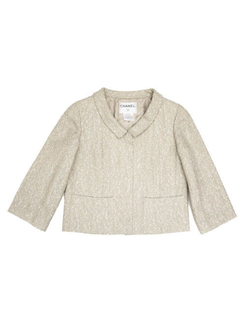 CHANEL set jacket and top 38FR in green beige fabric and silver threads