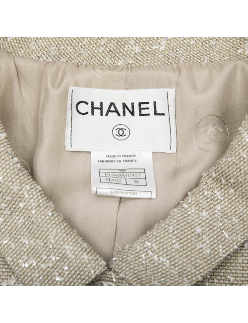 CHANEL set jacket and top 38FR in green beige fabric and silver threads