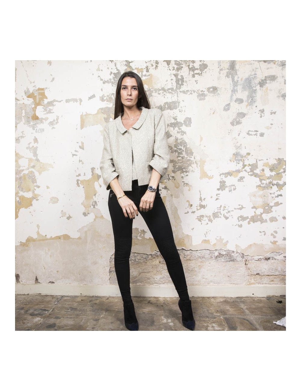 CHANEL set jacket and top 38FR in green beige fabric and silver threads