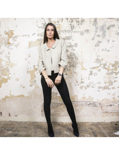 CHANEL set jacket and top 38FR in green beige fabric and silver threads