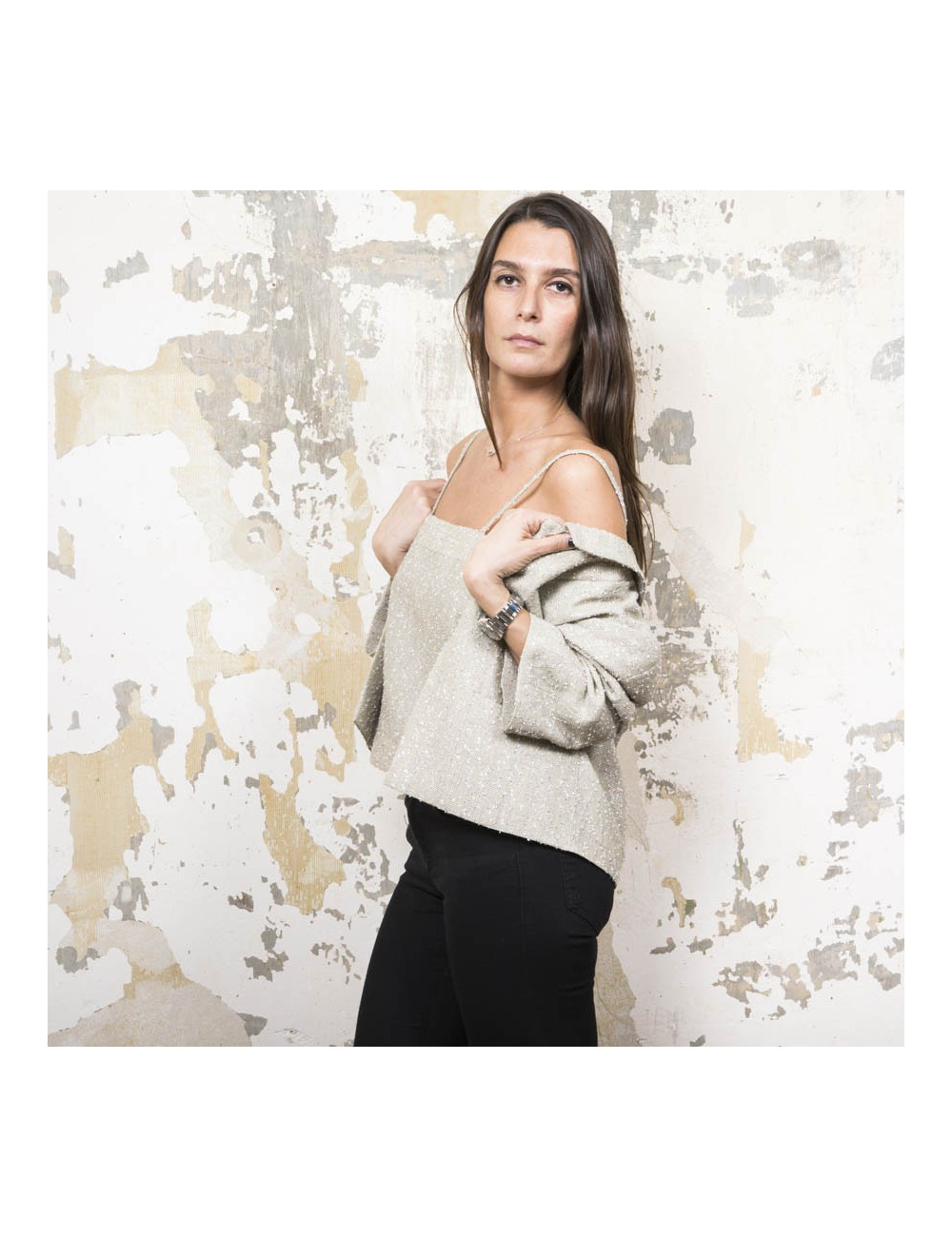 CHANEL set jacket and top 38FR in green beige fabric and silver threads