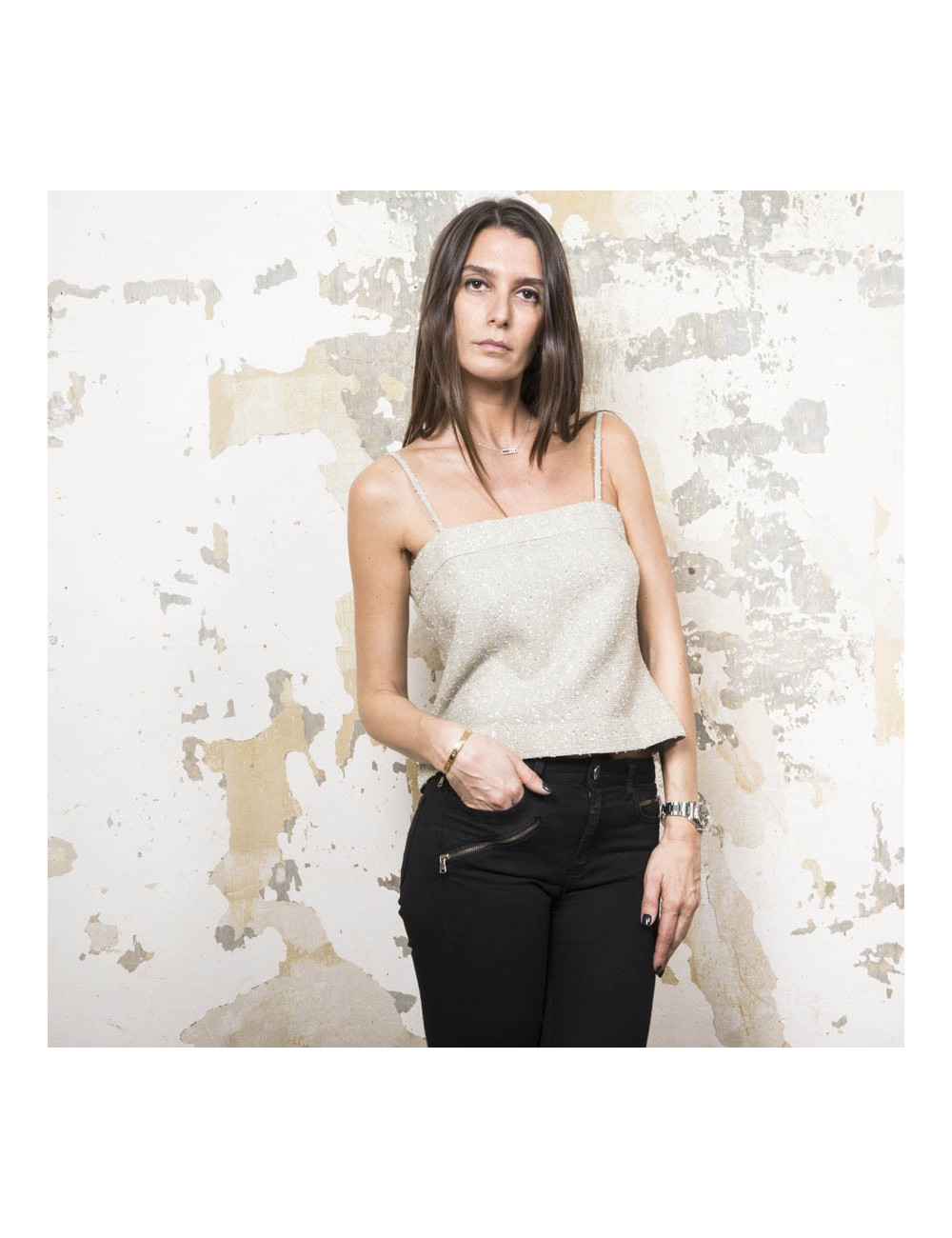 CHANEL set jacket and top 38FR in green beige fabric and silver threads