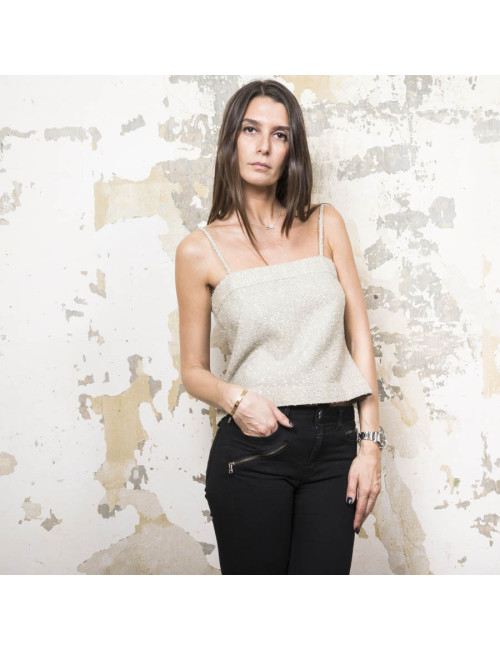 CHANEL set jacket and top 38FR in green beige fabric and silver threads