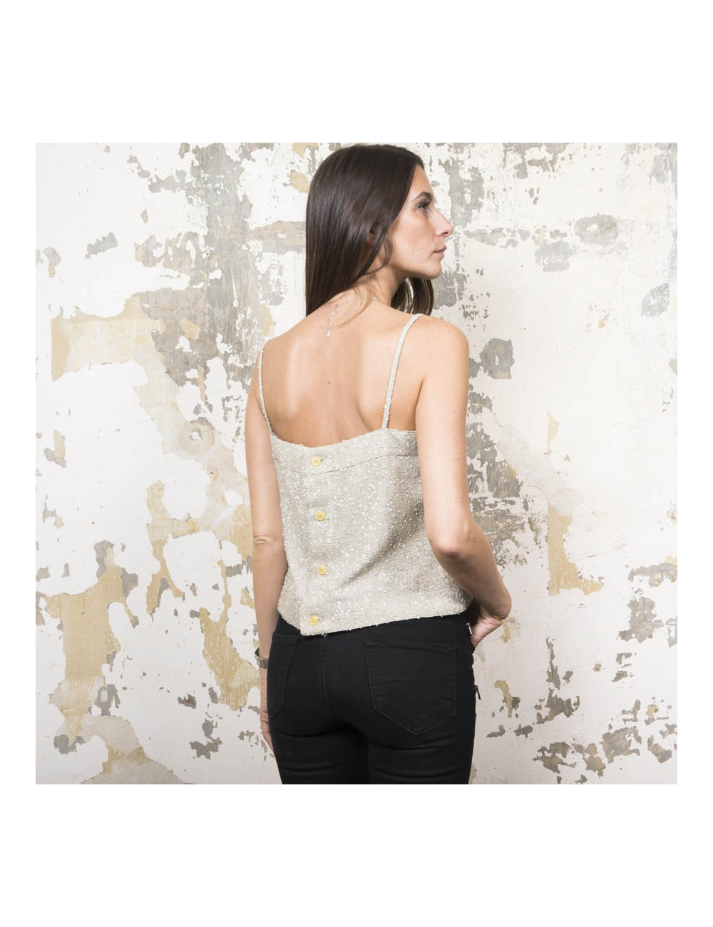 CHANEL set jacket and top 38FR in green beige fabric and silver threads