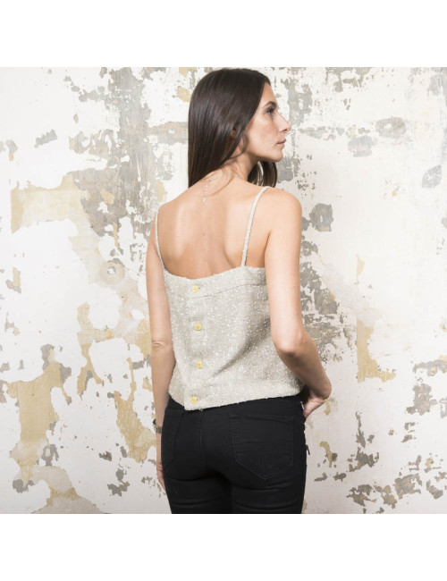 CHANEL set jacket and top 38FR in green beige fabric and silver threads