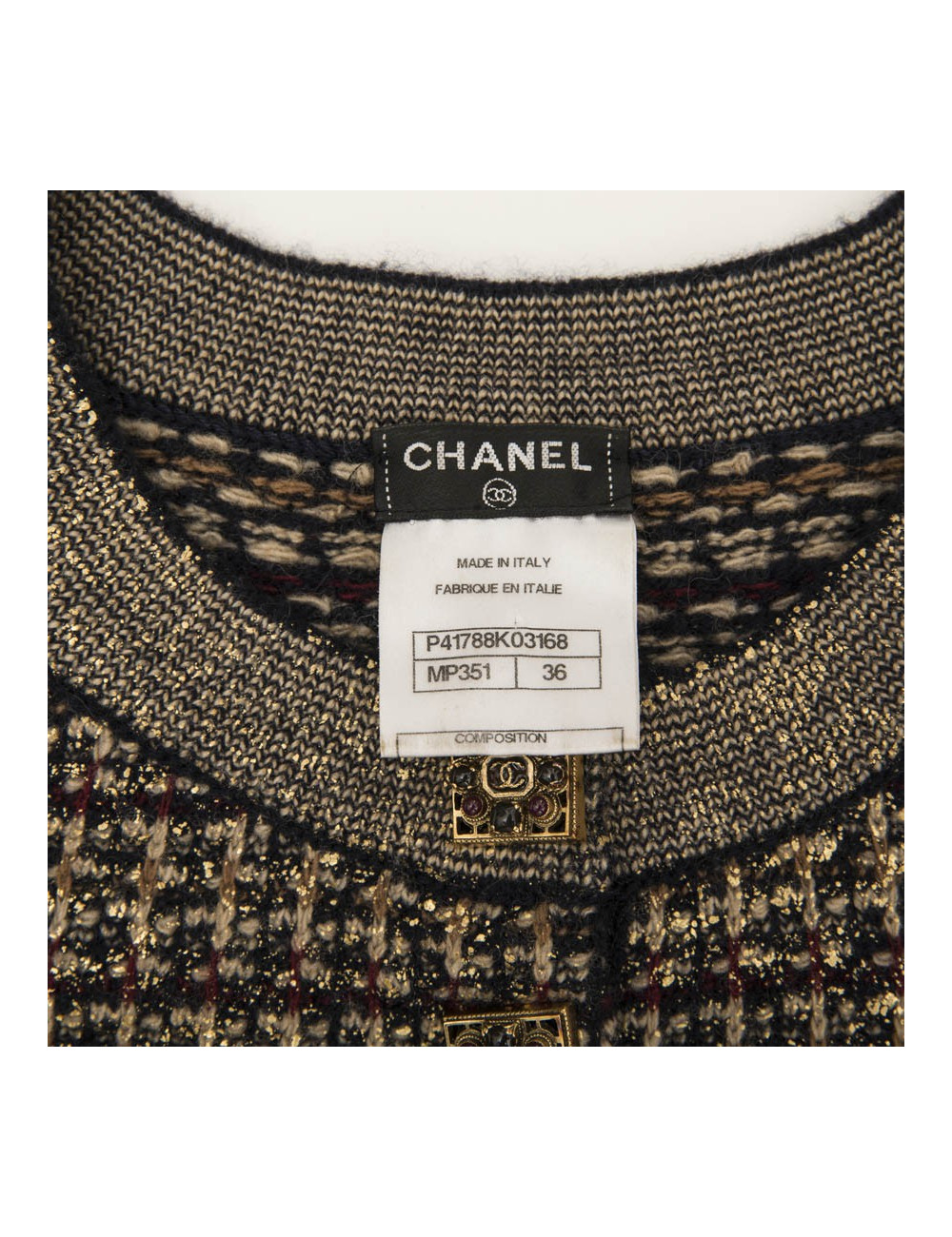 CHANEL "Paris-Shanghai" dress in gold, black and beige cashmere and wool size 36FR