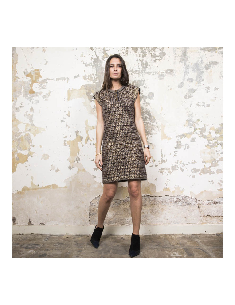 CHANEL "Paris-Shanghai" dress in gold, black and beige cashmere and wool size 36FR