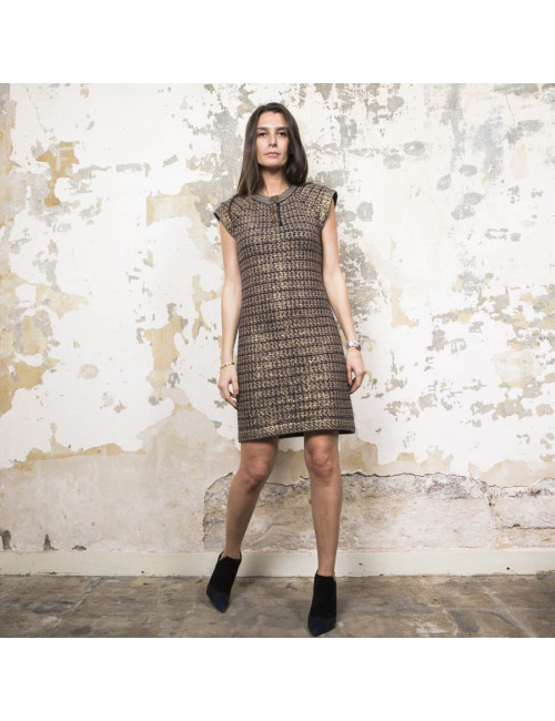 CHANEL "Paris-Shanghai" dress in gold, black and beige cashmere and wool size 36FR