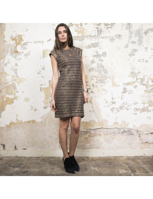 CHANEL "Paris-Shanghai" dress in gold, black and beige cashmere and wool size 36FR