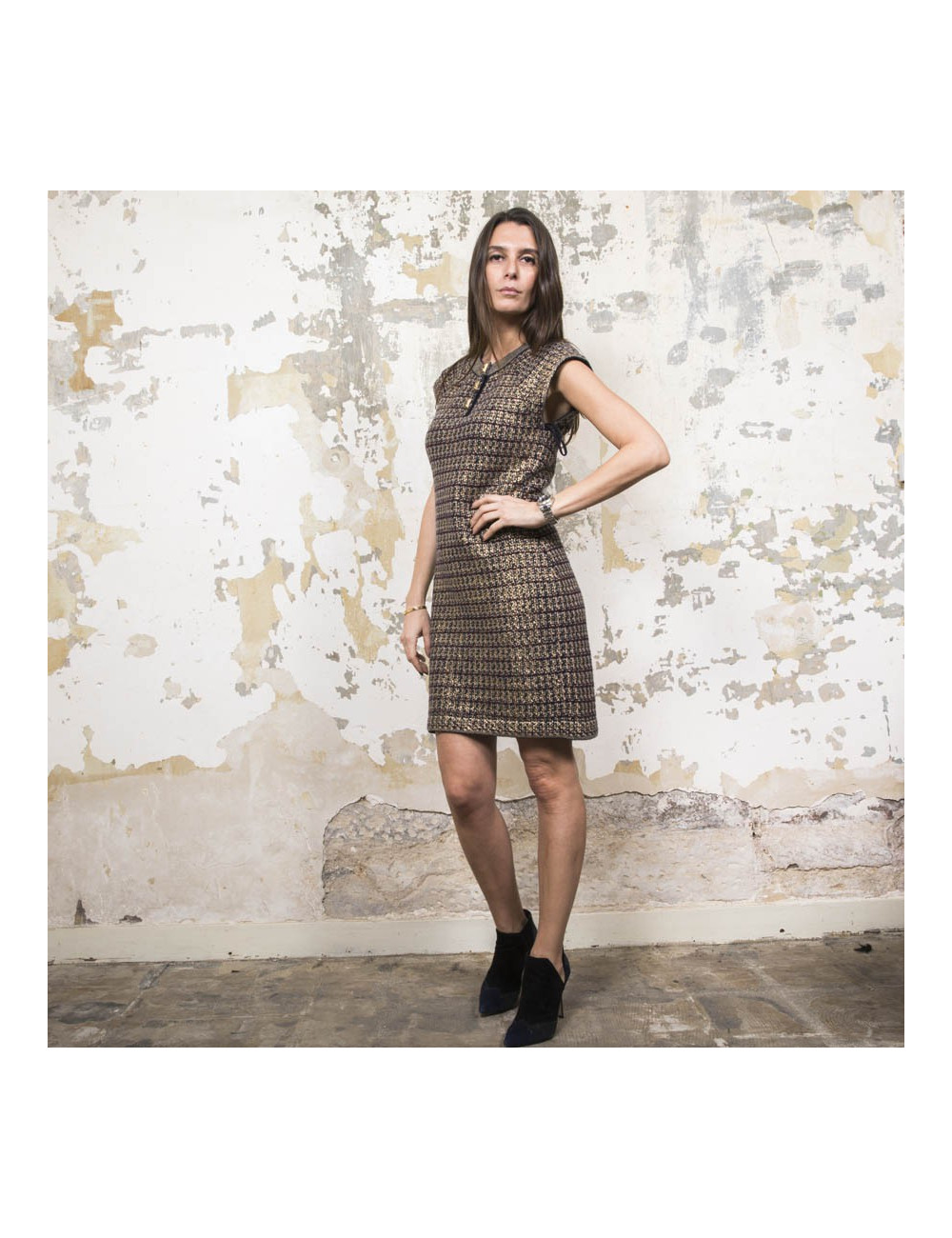 CHANEL "Paris-Shanghai" dress in gold, black and beige cashmere and wool size 36FR