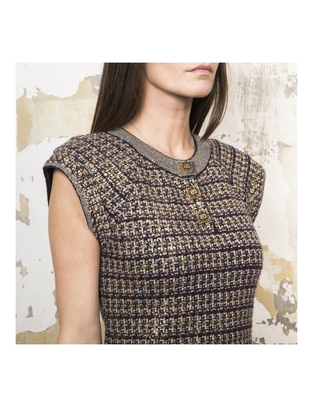 CHANEL "Paris-Shanghai" dress in gold, black and beige cashmere and wool size 36FR