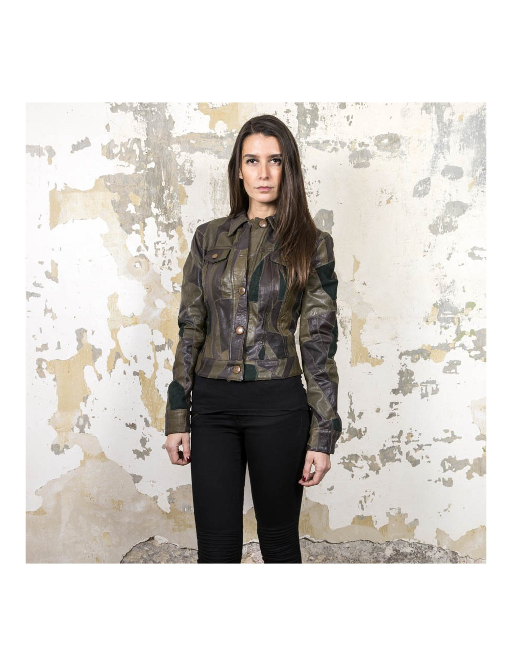Blouson JEAN PAUL GAULTIER T38 en patchwork de cuir vert et marron