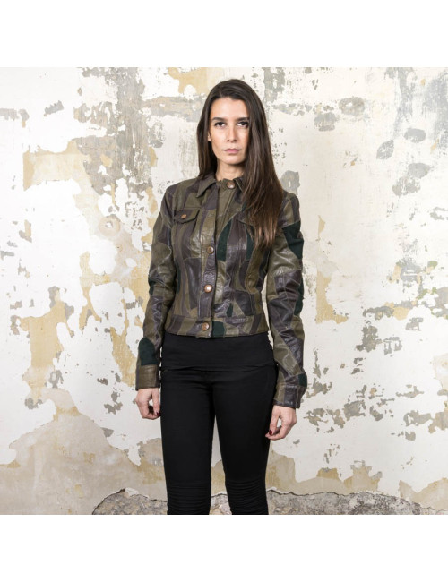 Blouson JEAN PAUL GAULTIER en cuir vert et marron patchwork