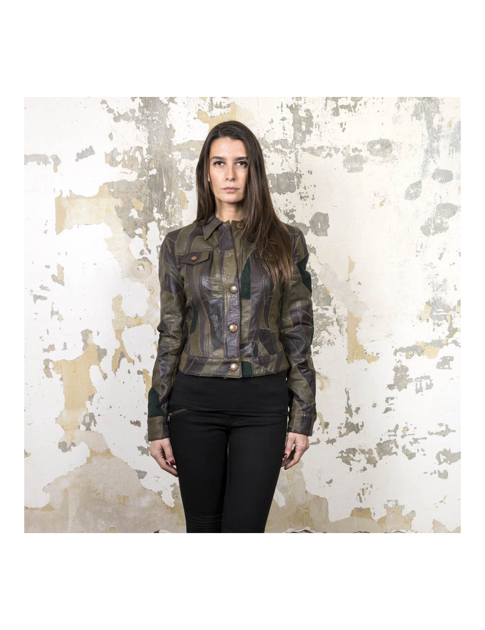 Blouson JEAN PAUL GAULTIER T38 en patchwork de cuir vert et marron