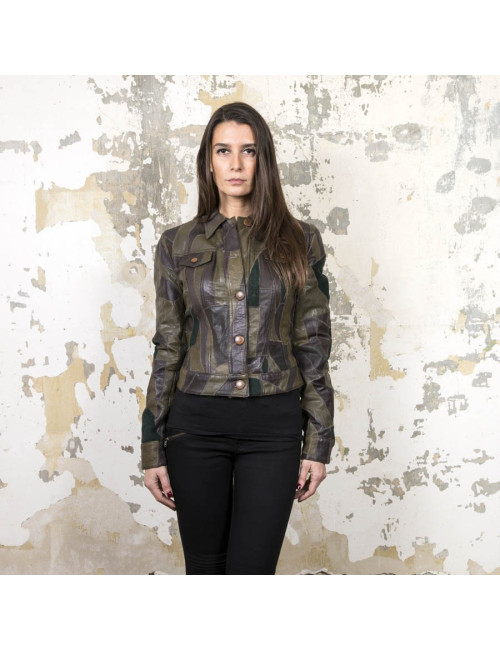 Blouson JEAN PAUL GAULTIER T38 en patchwork de cuir vert et marron