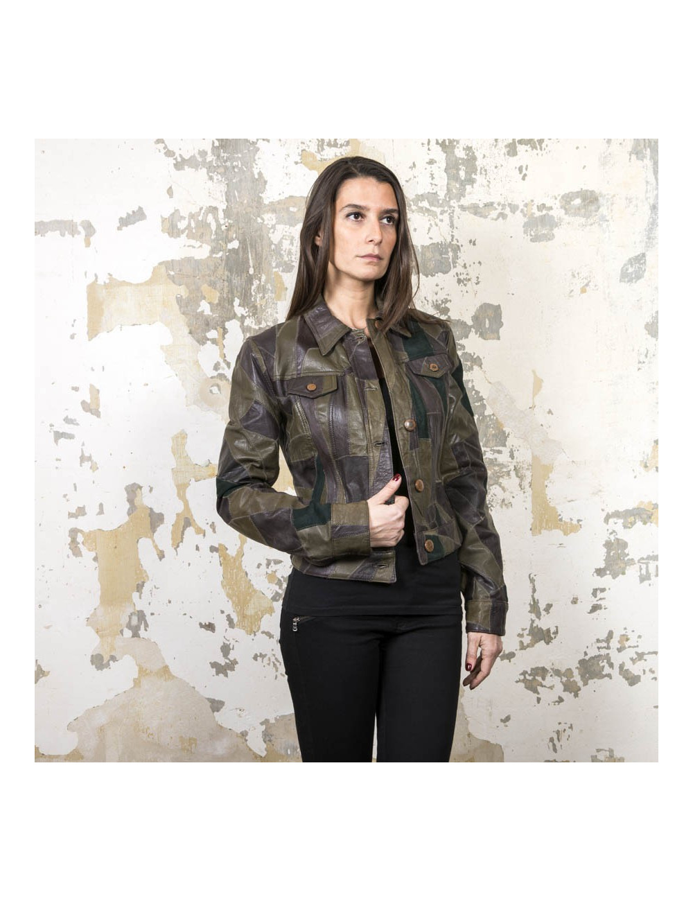 Blouson JEAN PAUL GAULTIER T38 en patchwork de cuir vert et marron