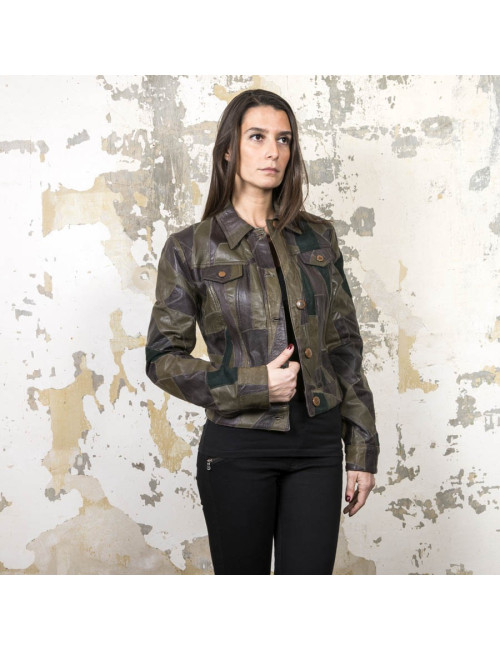 Blouson JEAN PAUL GAULTIER T38 en patchwork de cuir vert et marron