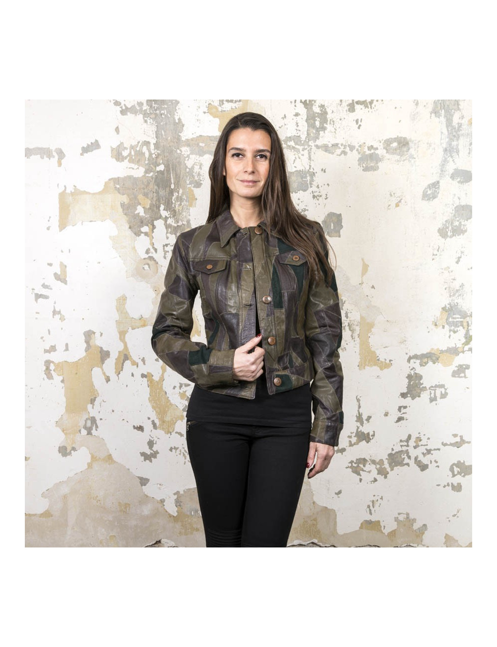 Blouson JEAN PAUL GAULTIER en cuir vert et marron patchwork