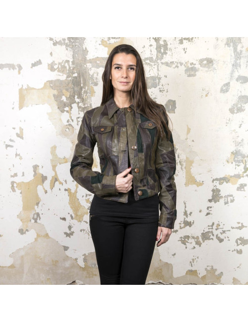 Blouson JEAN PAUL GAULTIER en cuir vert et marron patchwork