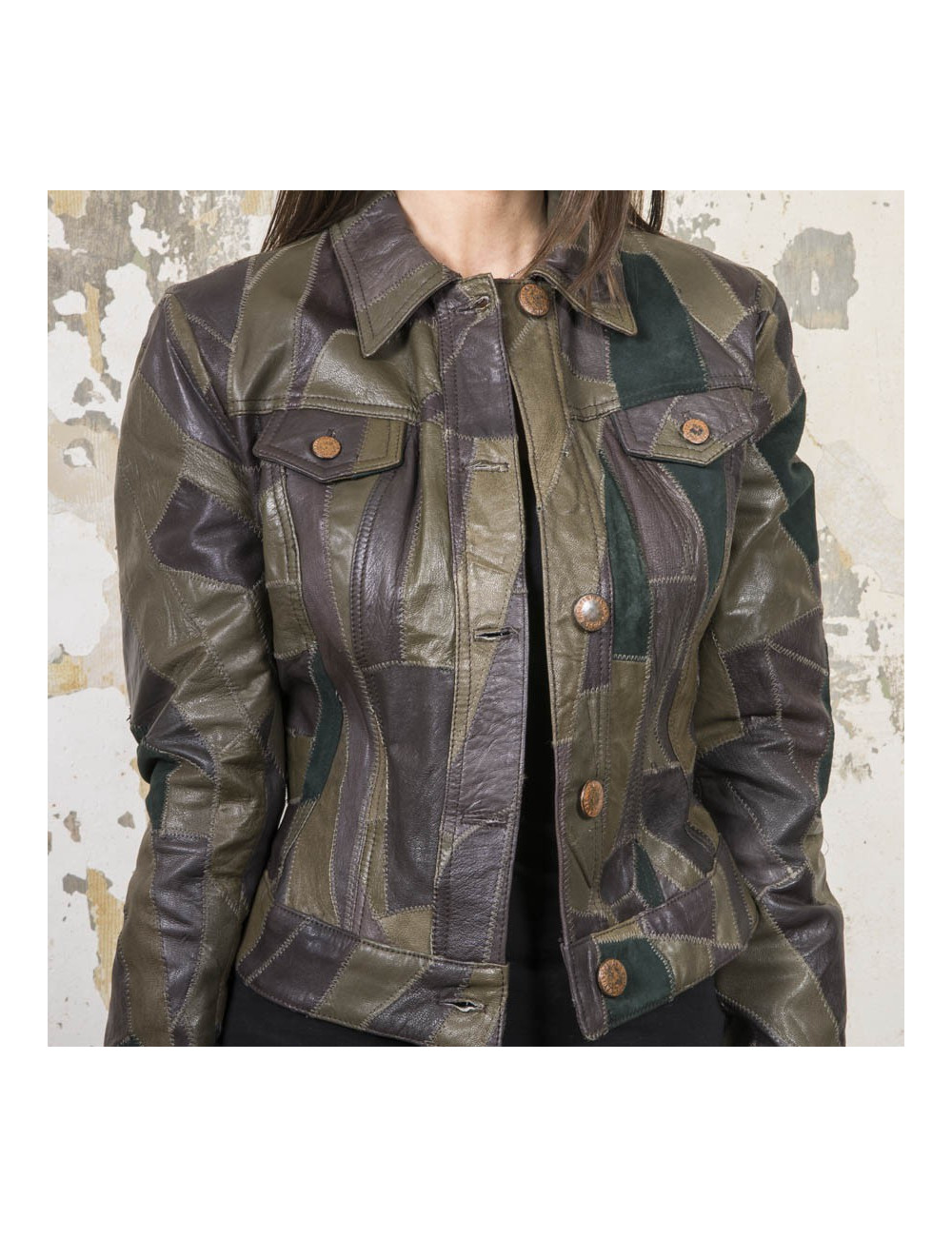 Blouson JEAN PAUL GAULTIER en cuir vert et marron patchwork