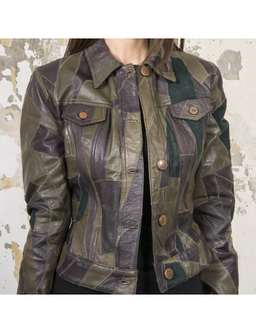 Blouson JEAN PAUL GAULTIER T38 en patchwork de cuir vert et marron