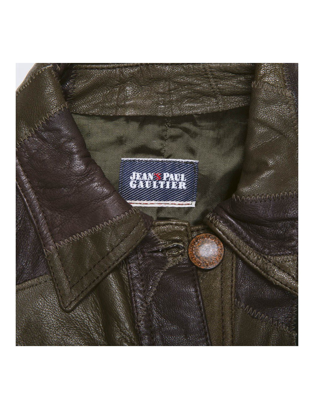 Blouson JEAN PAUL GAULTIER T38 en patchwork de cuir vert et marron