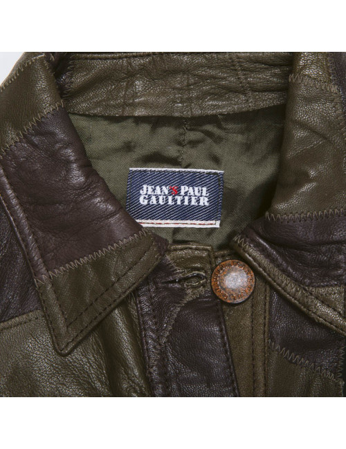 Blouson JEAN PAUL GAULTIER en cuir vert et marron patchwork